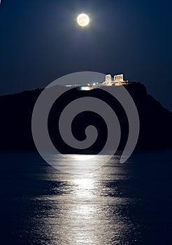 Cape Sounion, Poseidon's temple, Attica, Greece, moonlight photo